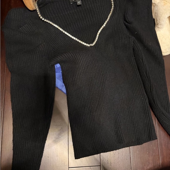 Express Black Ribbed Sweater with Rhinestone Trim - Picture 2 of 2